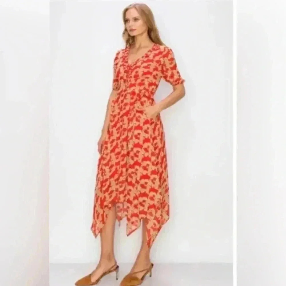 MELLODAY V-Neck Short Sleeve Paisley Print Midi Dress In Red Cream - Picture 9 of 11